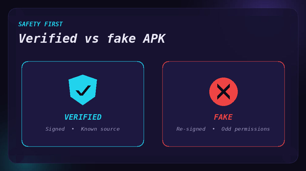 A verified APK next to a fake, malicious APK — The Apkcort